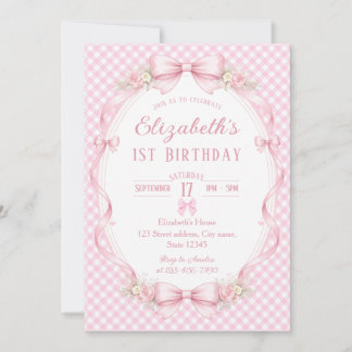 Watercolor Floral Ribbon Elizabeth's 1st Birthday 招待状