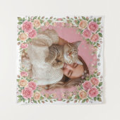 Watercolor Floral Rose & Paw Print Custom Photo タペストリー (正面(横))