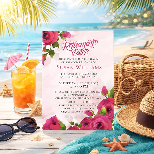 Watercolor Floral Rose Retirement Celebration 招待状