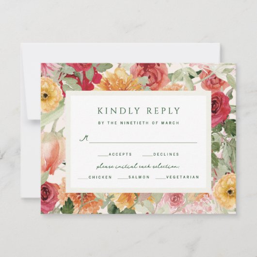 Watercolor Floral Sage Green Garden Wedding 出欠カード (正面)