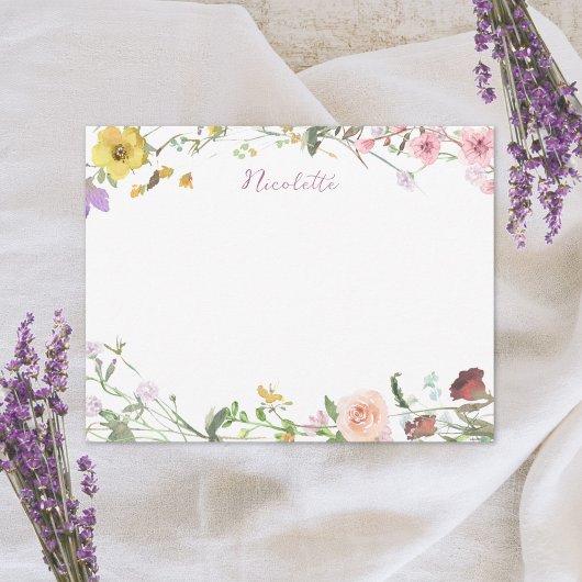 Watercolor Floral Script Name Custom Stationery ノートカード