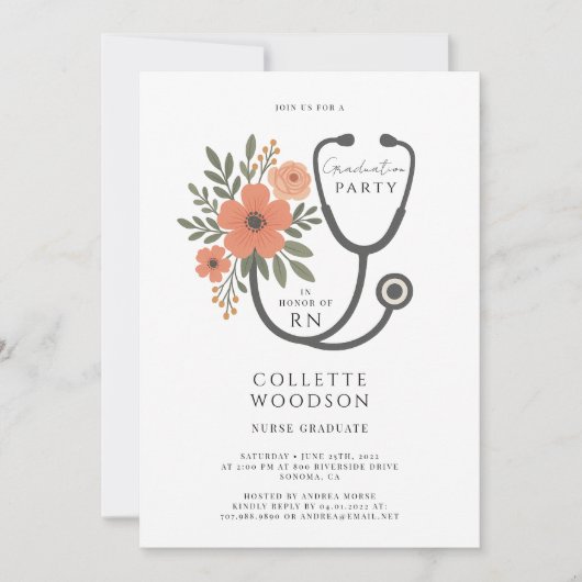 Watercolor Floral Stethoscope Nurse Graduation 招待状 (正面)