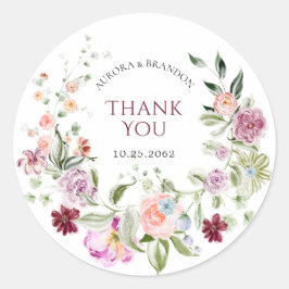Watercolor Floral Thank You Wedding Favor Sticker ラウンドシール