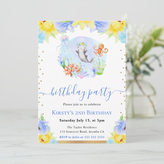Watercolor Floral Underwater Animals Birthday 招待状 (スタンド正面)