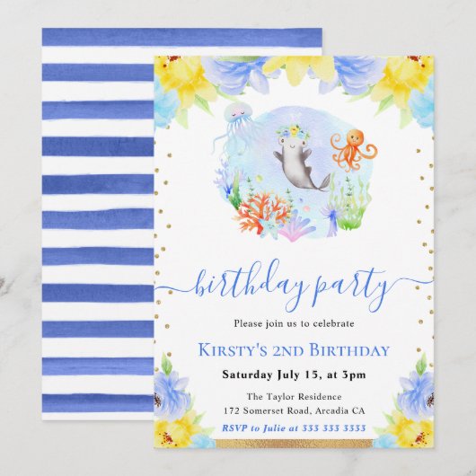 Watercolor Floral Underwater Animals Birthday 招待状 (正面/裏面)