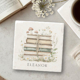 Watercolor Floral Vintage Books Personalized ストーンコースター
