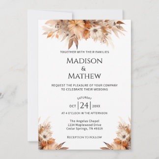 Watercolor Floral Wedding Invitation Orange Brown 招待状