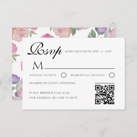 Watercolor Floral Wedding RSVP Card with QR Code (正面/裏面)