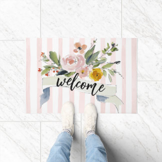 Watercolor Floral Welcome ドアマット