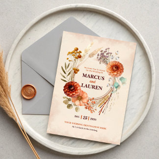 Watercolor Floral Wreath Border Wedding Invitation 招待状