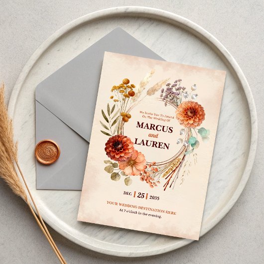 Watercolor Floral Wreath Border Wedding Invitation 招待状
