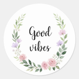 Watercolor Floral Wreath Good Vibes Sticker ラウンドシール