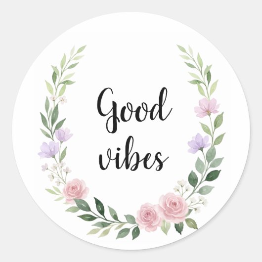 Watercolor Floral Wreath Good Vibes Sticker ラウンドシール (正面)