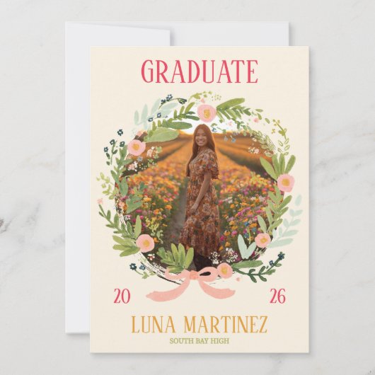 Watercolor Floral Wreath Photo Graduation 招待状 (正面)