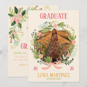 Watercolor Floral Wreath Photo Graduation 招待状 (正面/裏面)