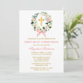 Watercolor Floral Wreath Pink Bow Gold Communion 招待状 (スタンド正面)
