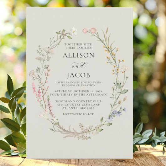Watercolor Floral Wreath Sage Green Wedding 招待状