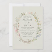 Watercolor Floral Wreath Sage Green Wedding 招待状 (正面)