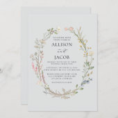 Watercolor Floral Wreath Soft Blue Wedding 招待状 (正面/裏面)