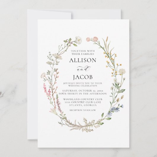 Watercolor Floral Wreath Wedding 招待状 (正面)