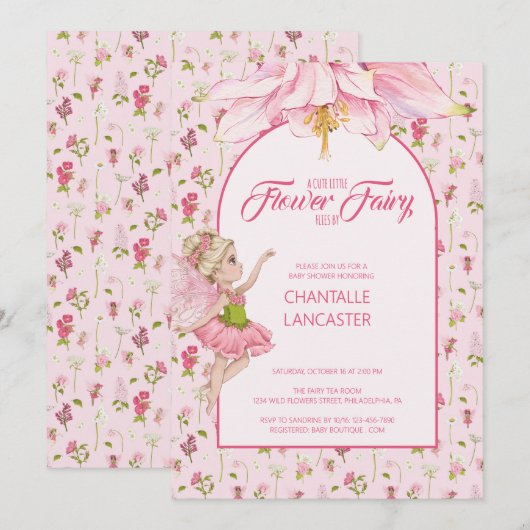 Watercolor Flower Fairy Baby Shower 招待状 (正面/裏面)