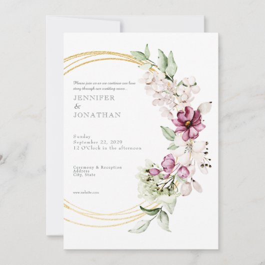 Watercolor Flower Floral Gold Wedding Invitation 招待状 (正面)