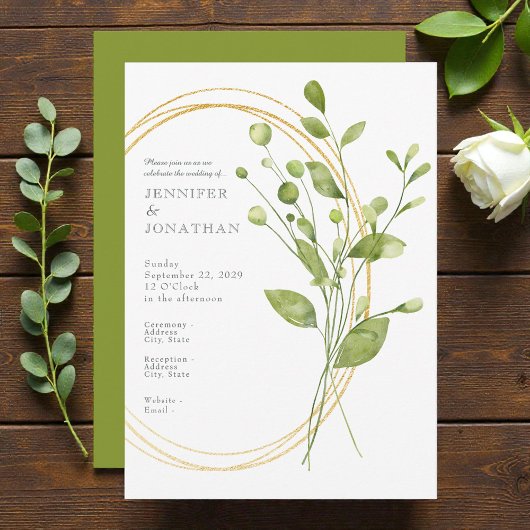 Watercolor Flower Floral Green Wedding Invitation 招待状