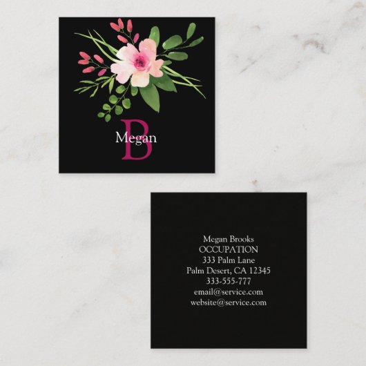Watercolor Flower, Name, Monogram & Info on Black コーリングカード (正面/裏面)
