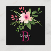 Watercolor Flower, Name, Monogram & Info on Black コーリングカード (正面)