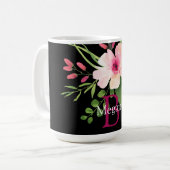Watercolor Flower, Name & Monogram on Black コーヒーマグカップ (正面左)