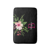 Watercolor Flower, Name & Monogram on Black バスマット (正面縦)