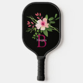 Watercolor Flower, Name & Monogram on Black ピックルボールラケット (裏面)