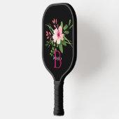 Watercolor Flower, Name & Monogram on Black ピックルボールラケット (左)