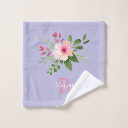 Watercolor Flower, Name & Monogram on Lavender ウォッシュタオル (ウォッシュタオル)