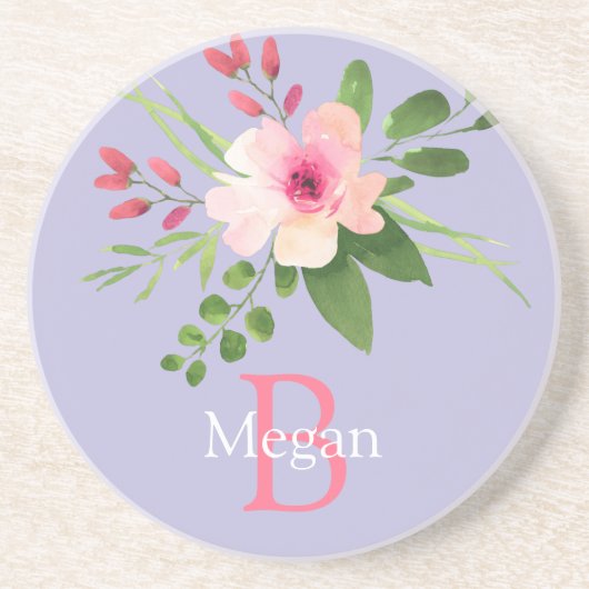 Watercolor Flower, Name & Monogram on Lavender コースター (正面)