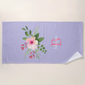 Watercolor Flower, Name & Monogram on Lavender ビーチタオル (正面)