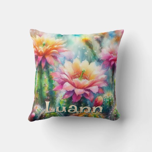 Watercolor Flowering Succulent Cacti Personalized クッション (裏面)