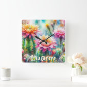 Watercolor Flowering Succulent Cacti Personalized スクエア壁時計 (ホーム)