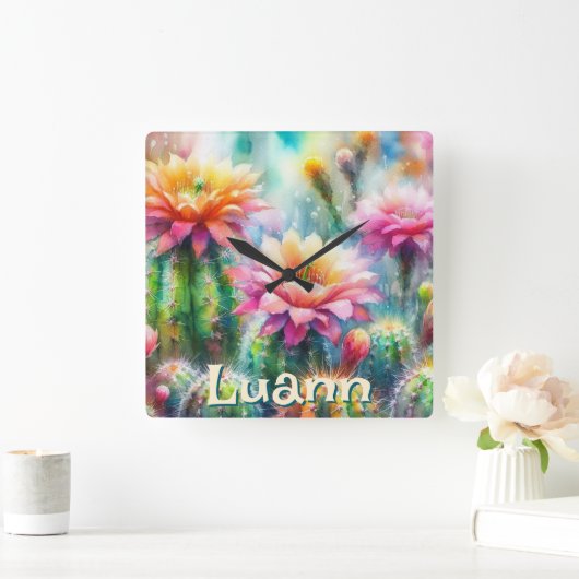 Watercolor Flowering Succulent Cacti Personalized スクエア壁時計 (ホーム)