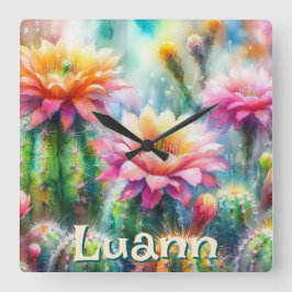 Watercolor Flowering Succulent Cacti Personalized スクエア壁時計
