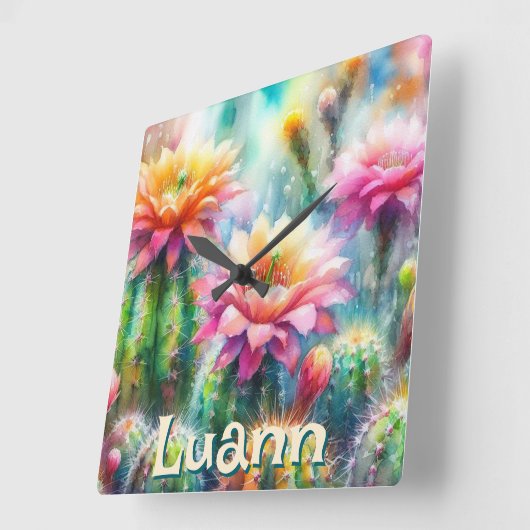 Watercolor Flowering Succulent Cacti Personalized スクエア壁時計 (傾斜)