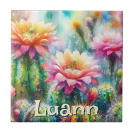 Watercolor Flowering Succulent Cacti Personalized タイル
