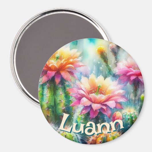 Watercolor Flowering Succulent Cacti Personalized マグネット (正面/裏面)