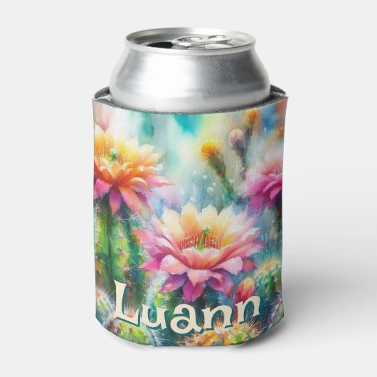 Watercolor Flowering Succulent Cacti Personalized 缶クーラー (缶正面)