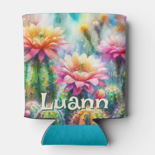 Watercolor Flowering Succulent Cacti Personalized 缶クーラー (裏面)