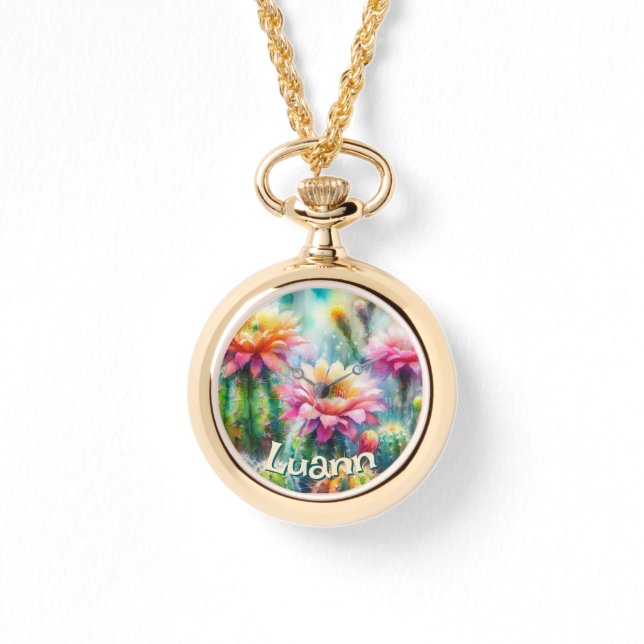 Watercolor Flowering Succulent Cacti Personalized 腕時計 (正面)