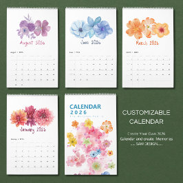 Watercolor Flowers 2026 Calendar | Elegant Floral  カレンダー