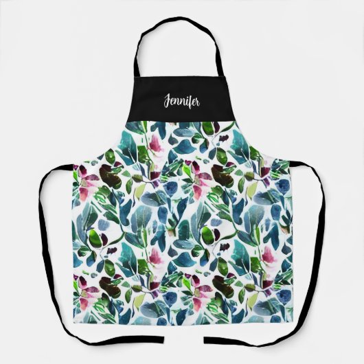 Watercolor flowers botanical pattern monogram name エプロン (正面)