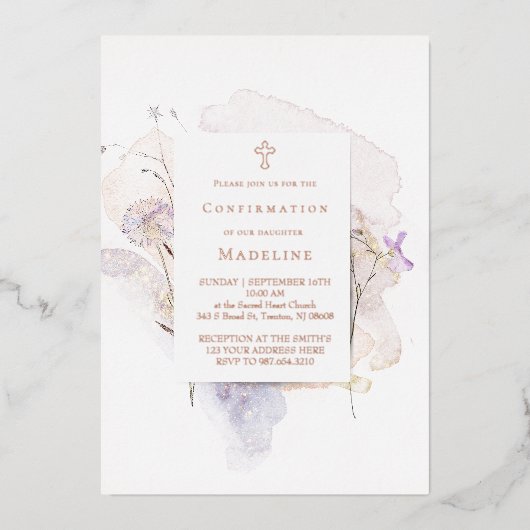 watercolor flowers Confirmation 箔招待状 (正面)