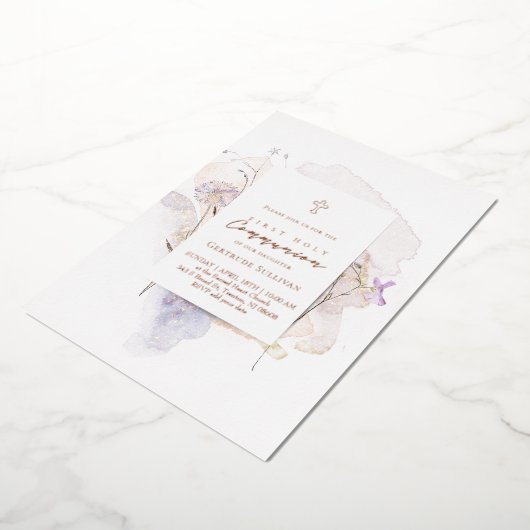 watercolor flowers First Communion 箔招待状 (回転した状態)